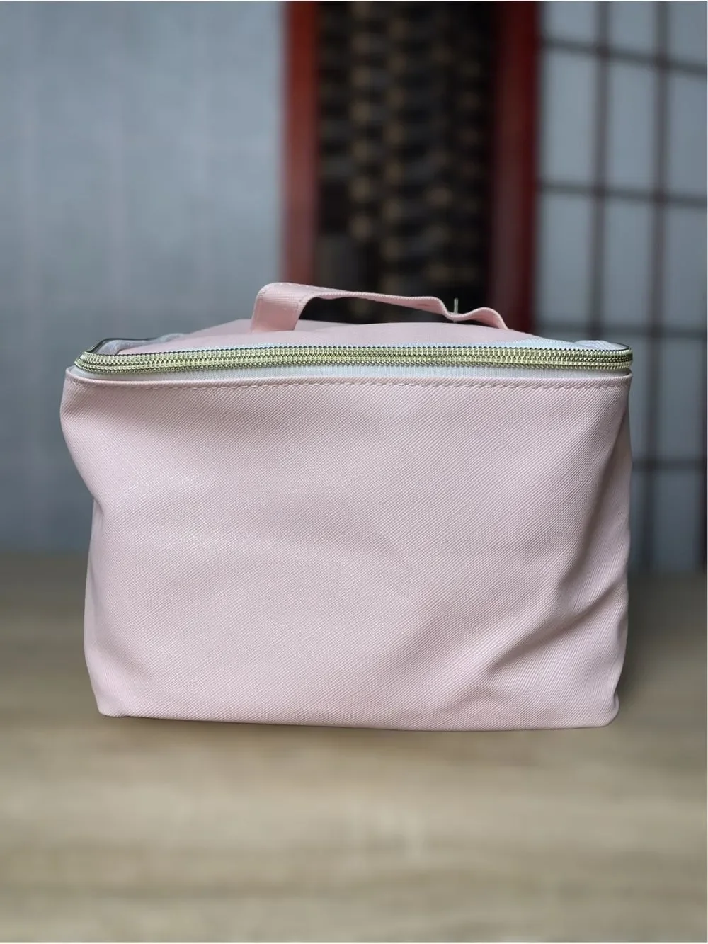 Pink Compact Travel Cosmetic Bag with Top Handle & Gold Hardware - Textured